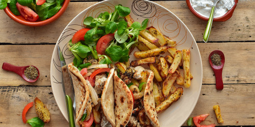 Greek Chicken Gyro Kebabs with leon and herb chips