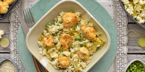 Italian Cauliflower Fritters with a Leek and Pea Risotto