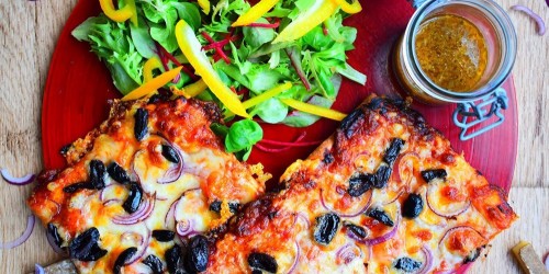 Black Olive and Pecorino Pizza with Salad
