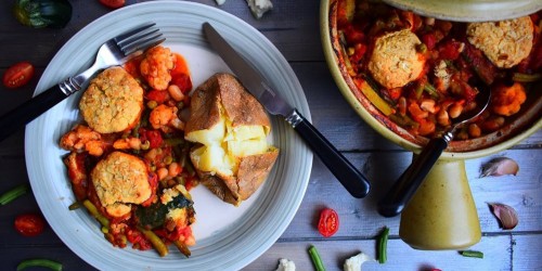 bean and vegetable stew with cheddar cheese dumplings