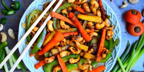 A Chinese vegetable and cashew nut stir fry with noodles