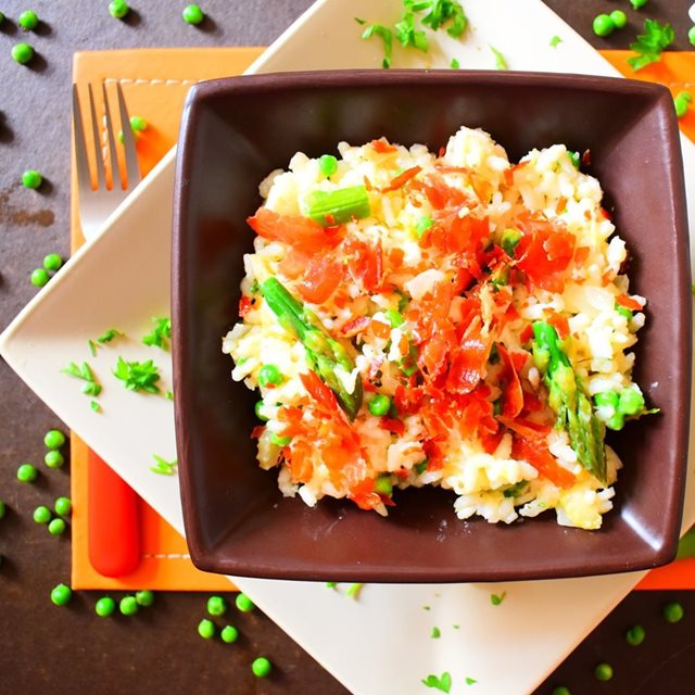 Classic Pea, Asparagus Risotto with Crispy Ham Recipe SoCook