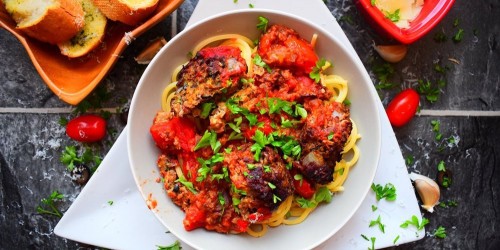 Vegetarian Baked Lentil Meatballs with spaghetti