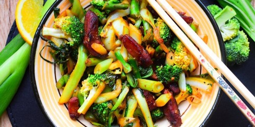 Vegetable and duck stir fry in an orange and honey sauce