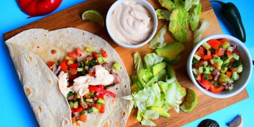beef steak griddled with garlic and fajita spices, wrapped in a tortilla wrap with red peppers, onions, tomato salsa and chipotle mayo served with a lettuce and avocado salad