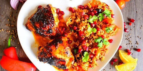 Harissa Chicken Thighs with Pistachios & Olive Pilaf