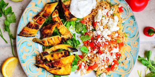 A simple Greek aubergine dish of grilled aubergine with a watercress, rice and feta Salad, with tzatziki
