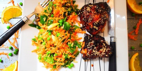 Korean sticky chicken with Asian style rice