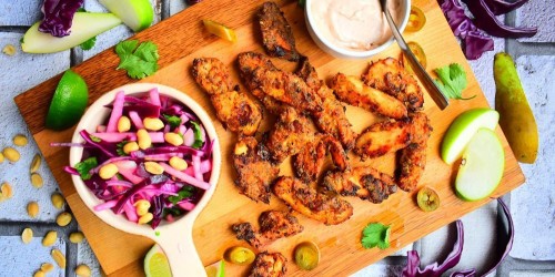 Healthy southern fried chicken goujons with spicy coleslaw