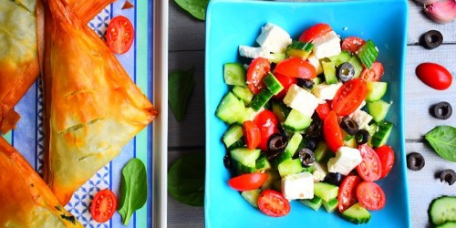 feta and spinach pastries with a Greek vegetable salad recipe