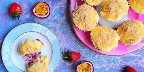 strawberry and passion fruit cupcakes with cream cheese frosting