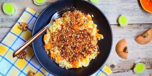 Veggie Leek and Butternut Squash risotto with a crunchy walnut and sage crumb