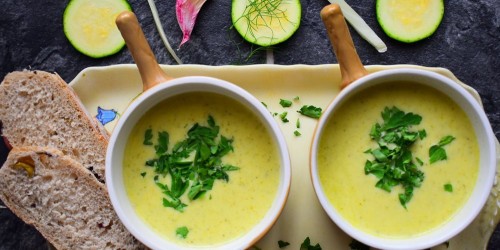 Courgette and fennel soup with rocket & Parmesan and crusty bread