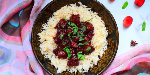Chinese pork in plum sauce served on a bed of jasmine rice,